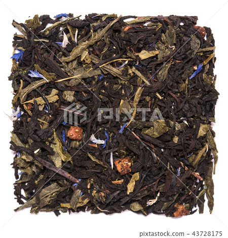 Mix of black tea with green sencha tea and cornflower flowers and strawberry Mix of black tea with green sencha tea and cornflower flowers and strawberry 43728175