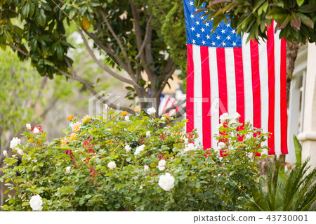 Front Porches with American Flags. 43730001