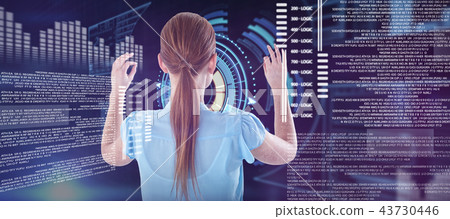 Composite image of rear view of businesswoman touching imaginary interface Composite image of rear view of businesswoman touching imaginary interface 43730446