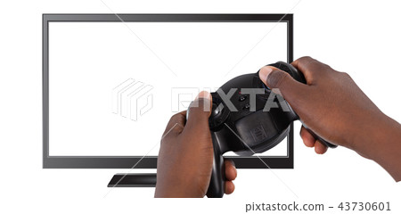 Composite image of hand of man playing video game against white background 43730601