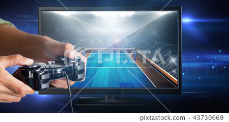 Composite image of woman playing video game against white background 43730669