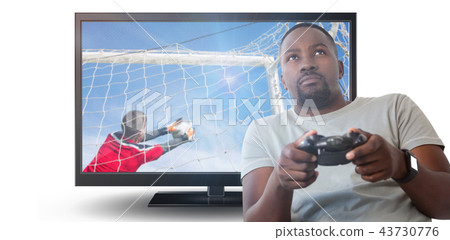 Composite image of man playing video game against white background 43730776
