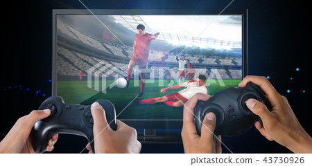 Composite image of woman playing video game against white background 43730926