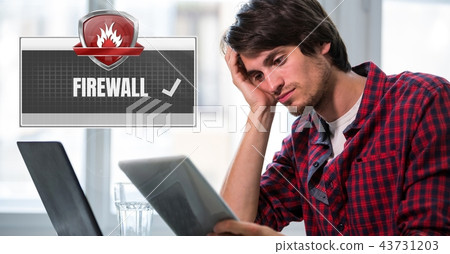Firewall security protection shield and man on computer 43731203