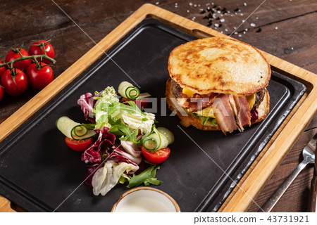 burger from potato pancakes and bacon 43731921