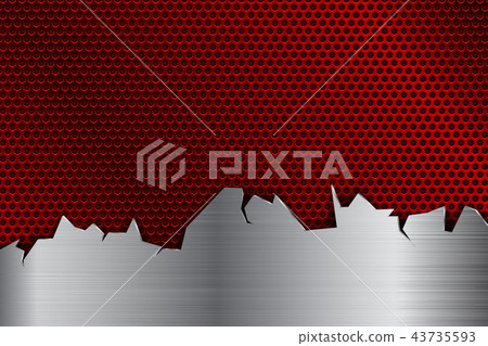 Red metal perforated background with stainless steel element with torn edges Red metal perforated background with stainless steel element with torn edges 43735593