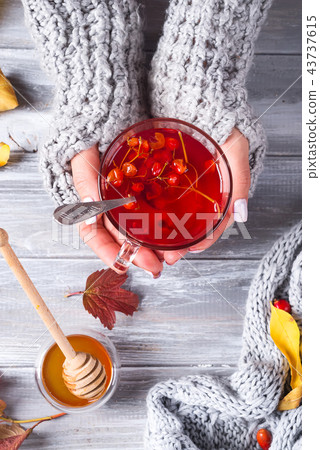 Healthy viburnum tea with honey hold female hands on a gray wooden table. Top view 43737615