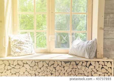 White curtain window and Wood Window Frame, abstract green from garden with sunlight .For montage 43737893