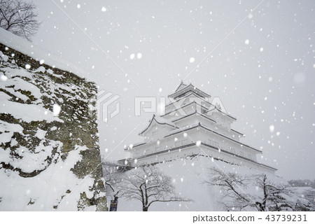 Historic site Wakamatsu Castle Ruins of Tsurugajo Honmaru The deeply falling snow flash on the castle tower Large winter image 43739231