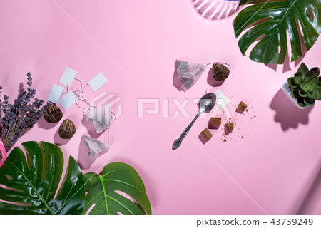 Workspace frame with green tropical leaf and tea cup, tea bag and sugar on pastel pink background Workspace frame with green tropical leaf and tea cup, tea bag and sugar on pastel pink background 43739249