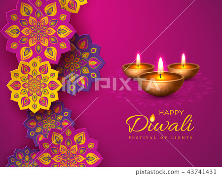 Diwali festival holiday design with paper cut style of Indian Rangoli and diya - oil lamp. Purple 43741431