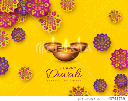 Diwali festival holiday design with paper cut style of Indian Rangoli and diya - oil lamp. Purple 43741739