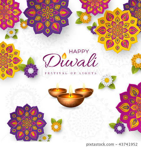 Diwali festival holiday design with paper cut style of Indian Rangoli, flowers and diya - oil lamp Diwali festival holiday design with paper cut style of Indian Rangoli, flowers and diya - oil lamp 43741952