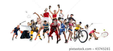 Sport collage about kickboxing, soccer, american football, basketball, ice hockey, badminton Sport collage about kickboxing, soccer, american football, basketball, ice hockey, badminton 43743281