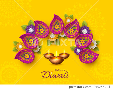 Diwali festival holiday design with paper cut style of Indian Rangoli and diya - oil lamp. Purple Diwali festival holiday design with paper cut style of Indian Rangoli and diya - oil lamp. Purple 43744221