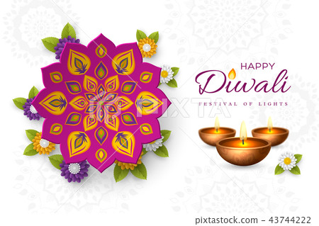 Diwali festival holiday design with paper cut style of Indian Rangoli, flowers and diya - oil lamp Diwali festival holiday design with paper cut style of Indian Rangoli, flowers and diya - oil lamp 43744222