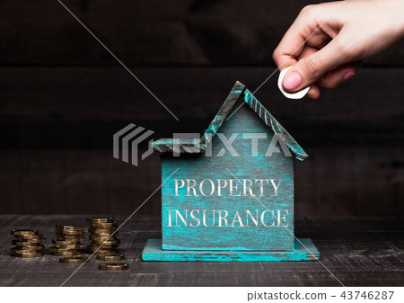 Wooden house model with coins next to it and hand 43746287