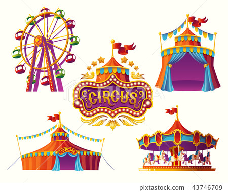 Carnival circus icons with a tent, carousels, flags. Carnival circus icons with a tent, carousels, flags. 43746709