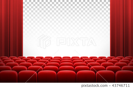 White cinema theatre screen with red curtains and chairs White cinema theatre screen with red curtains and chairs 43746711