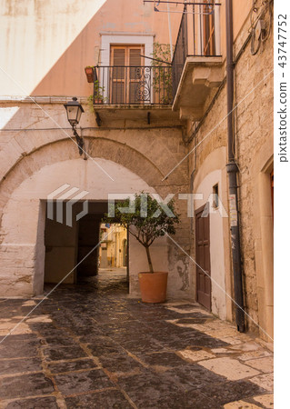 Ancient yellow brick house with arch and tree pot 43747752