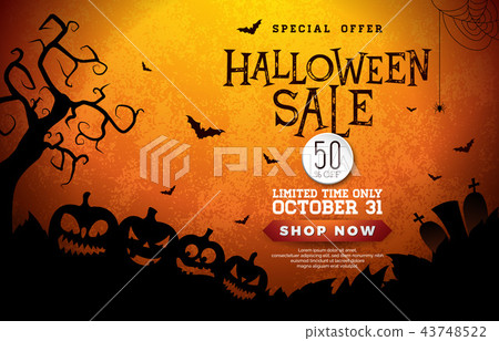 Halloween Sale banner illustration with pumpkins, cemetery and flying bats on orange background Halloween Sale banner illustration with pumpkins, cemetery and flying bats on orange background 43748522