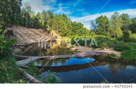 Beautiful landscape of forest river with bridge Beautiful landscape of forest river with bridge 43750341