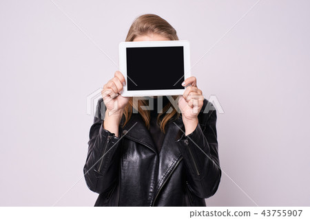 Black screen. Computer tablet. White background Black screen. Computer tablet. White background 43755907