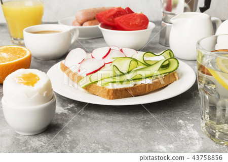 Various healthy breakfast on gray background 43758856