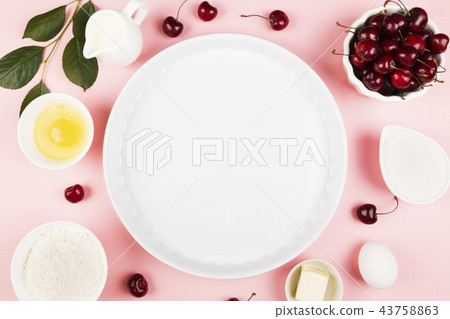 Ingredients for cherry pie - milk, butter, eggs Ingredients for cherry pie - milk, butter, eggs 43758863