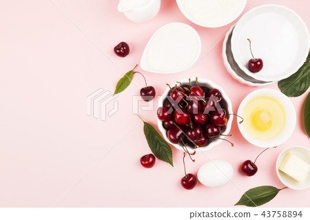Ingredients for cherry pie - milk, butter, eggs 43758894