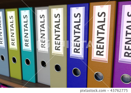 Office binders with RENTALS inscription. 3D rendering Office binders with RENTALS inscription. 3D rendering 43762775