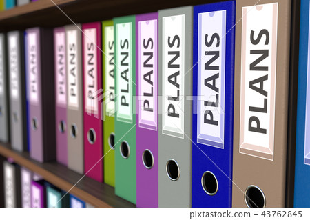 Office binders with PLANS inscription. 3D rendering Office binders with PLANS inscription. 3D rendering 43762845