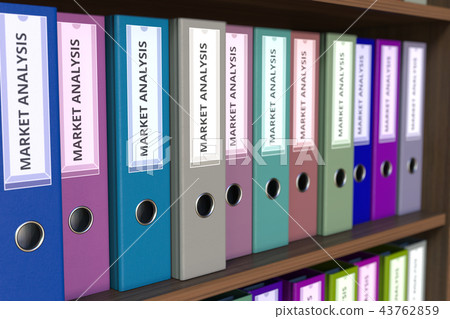 Office binders with MARKET ANALYSIS inscription. 3D rendering Office binders with MARKET ANALYSIS inscription. 3D rendering 43762859