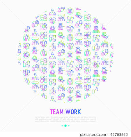 Teamwork concept in circle with thin line icons Teamwork concept in circle with thin line icons 43763853