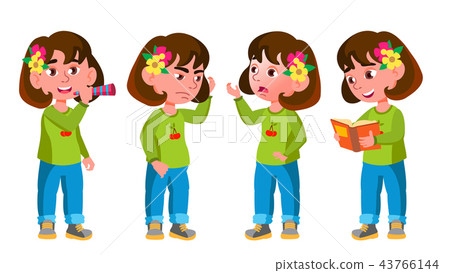 Girl Kindergarten Kid Poses Set Vector. Little Child. Having Fun. Motherhood. For Advertisement 43766144