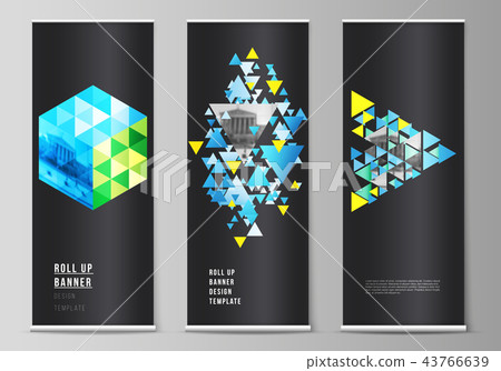 The vector illustration of the editable layout of roll up banner stands, vertical flyers, flags 43766639