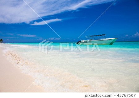boat on tropical beach with blue water background 43767507