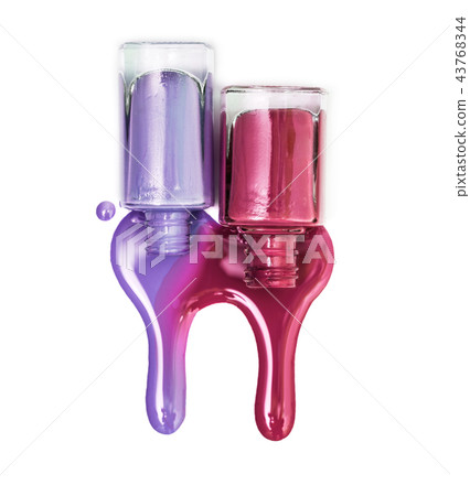 Two Bottles with spilled nail polish over white 43768344