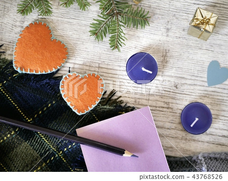 Winter composition from handmade hearts, New Year Winter composition from handmade hearts, New Year 43768526