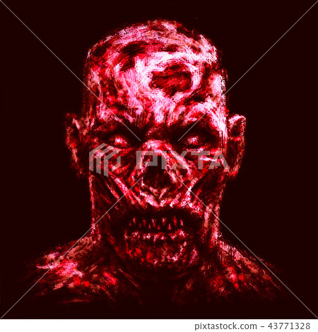 Grim zombie apocalyptic red face. Horror genre. 43771328