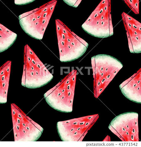 Red Watermelon Slices Seamless Pattern on Black Background. Red Watermelon Slices Seamless Pattern on Black Background. 43771542