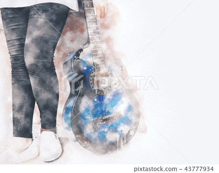 Playing acoustic Guitar foreground watercolor. Playing acoustic Guitar foreground watercolor. 43777934