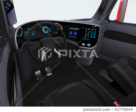 Interior image of an electric truck. Equipped with digital instrument panel and touch display Interior image of an electric truck. Equipped with digital instrument panel and touch display 43778044