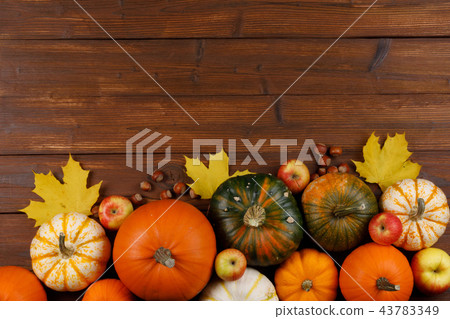 Autumn harvest on wooden table Autumn harvest on wooden table 43783349