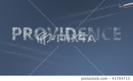 Flying airplanes trails and Providence caption. Traveling to the United States conceptual 3D 43784713