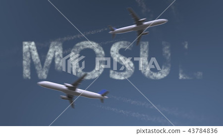 Flying airplanes trails and Mosul caption. Traveling to Iraq conceptual 3D rendering 43784836