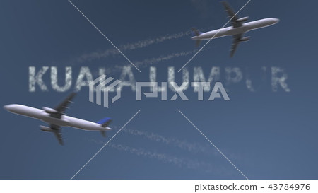 Flying airplanes trails and Kuala Lumpur caption. Traveling to Malaysia conceptual 3D rendering Flying airplanes trails and Kuala Lumpur caption. Traveling to Malaysia conceptual 3D rendering 43784976