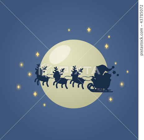 Santa Claus in his Christmas sled sleigh with his reindeers across the Moonlit night sky. Flat Santa Claus in his Christmas sled sleigh with his reindeers across the Moonlit night sky. Flat 43785072
