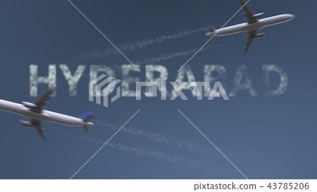 Flying airplanes trails and Hyderabad caption. Traveling to Pakistan conceptual 3D rendering 43785206