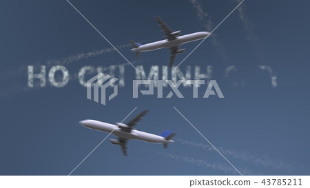 Flying airplanes trails and Ho Chi Minh City caption. Traveling to Vietnam conceptual 3D rendering Flying airplanes trails and Ho Chi Minh City caption. Traveling to Vietnam conceptual 3D rendering 43785211
